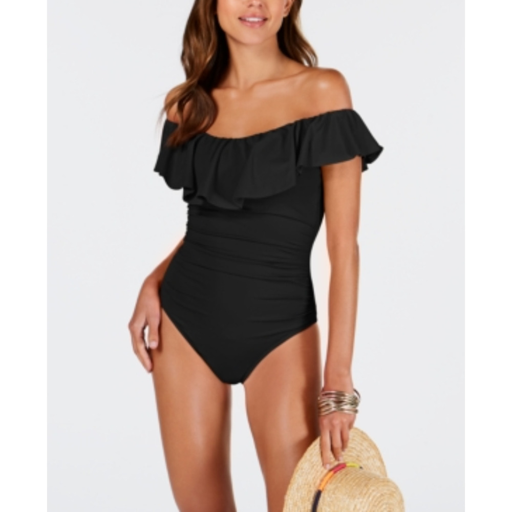 La Blanca Off Shoulder One Piece Swimsuit Black Size 10